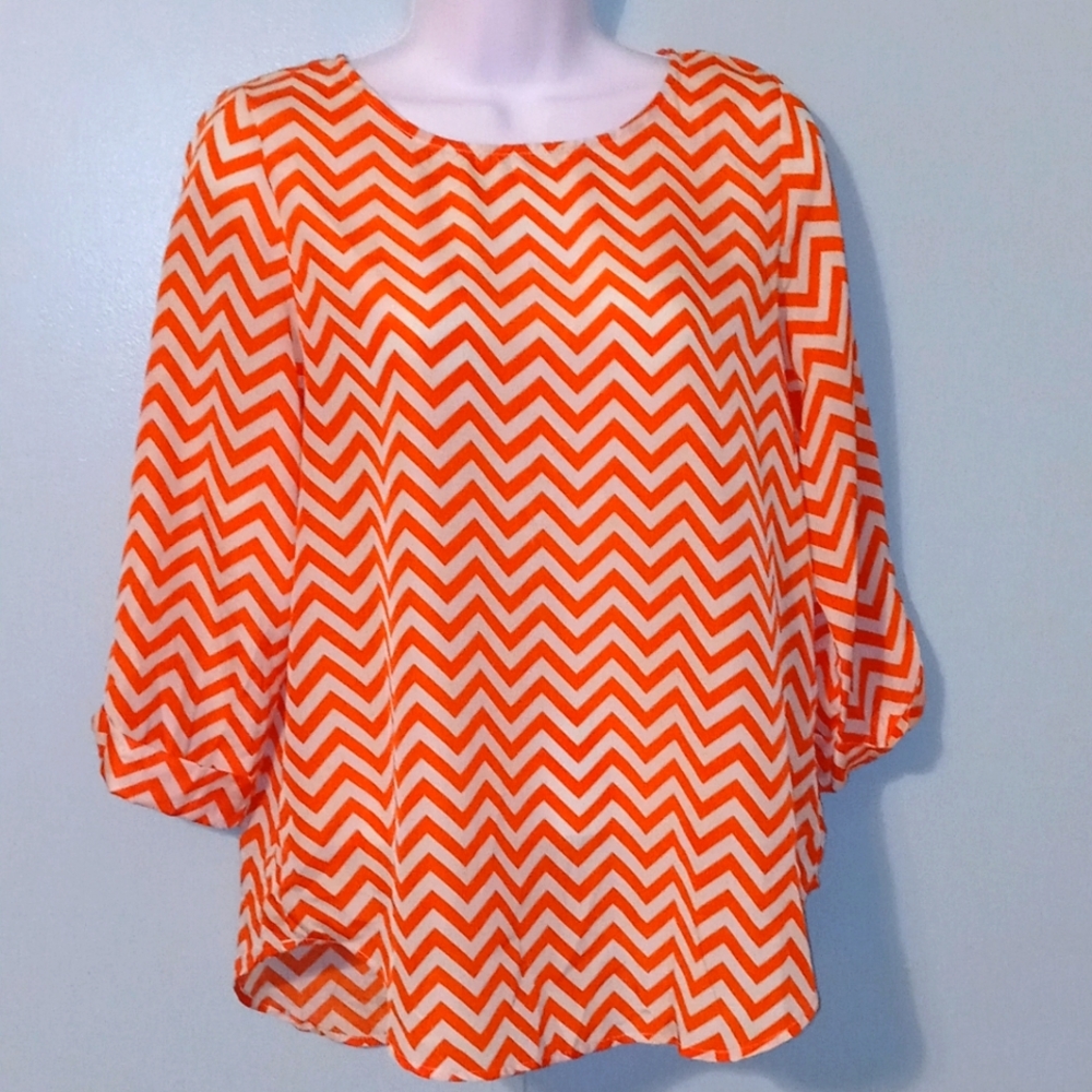 Bamboa Orange & White Chevron Blouse Size Small ‎ 100% Polyester